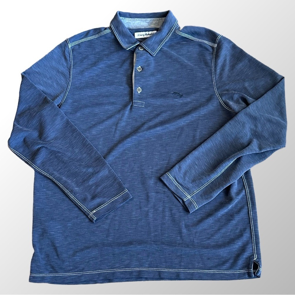 Tommy Bahama Polo Shirt Mens Medium Blue Long Sleeve Contrast Stitch Marlin - Picture 2 of 12